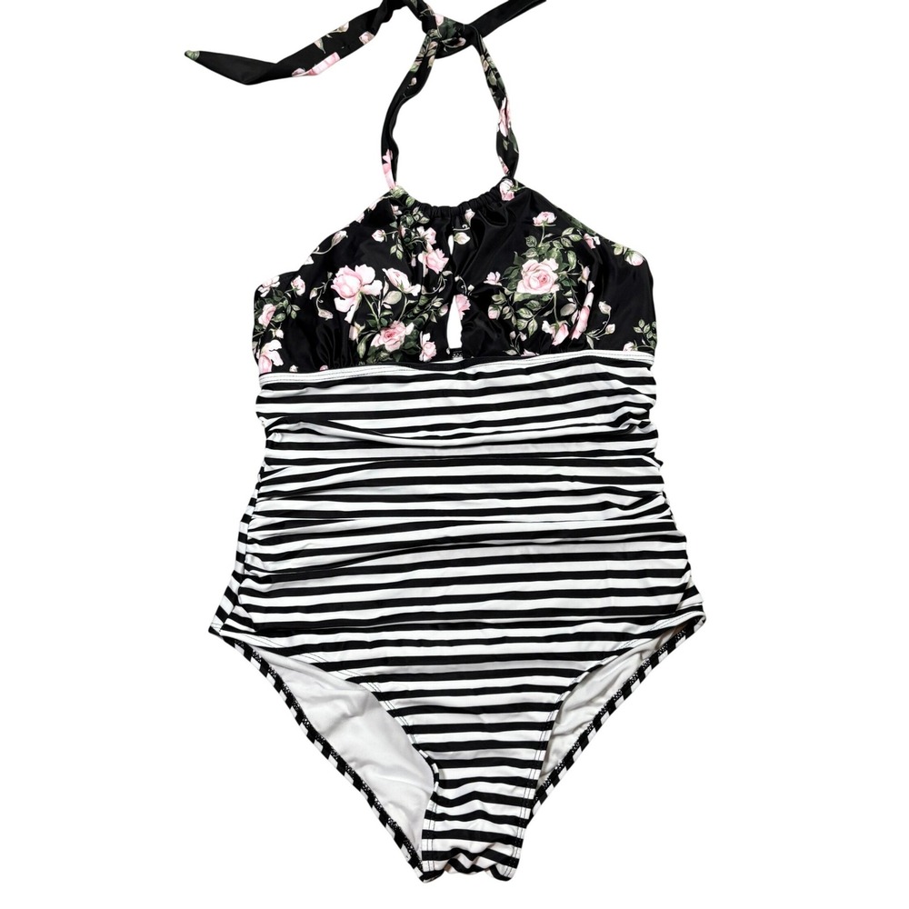 Eomenie Womens One Piece Swimsuit Large Black White Stripe Pink Floral Halter